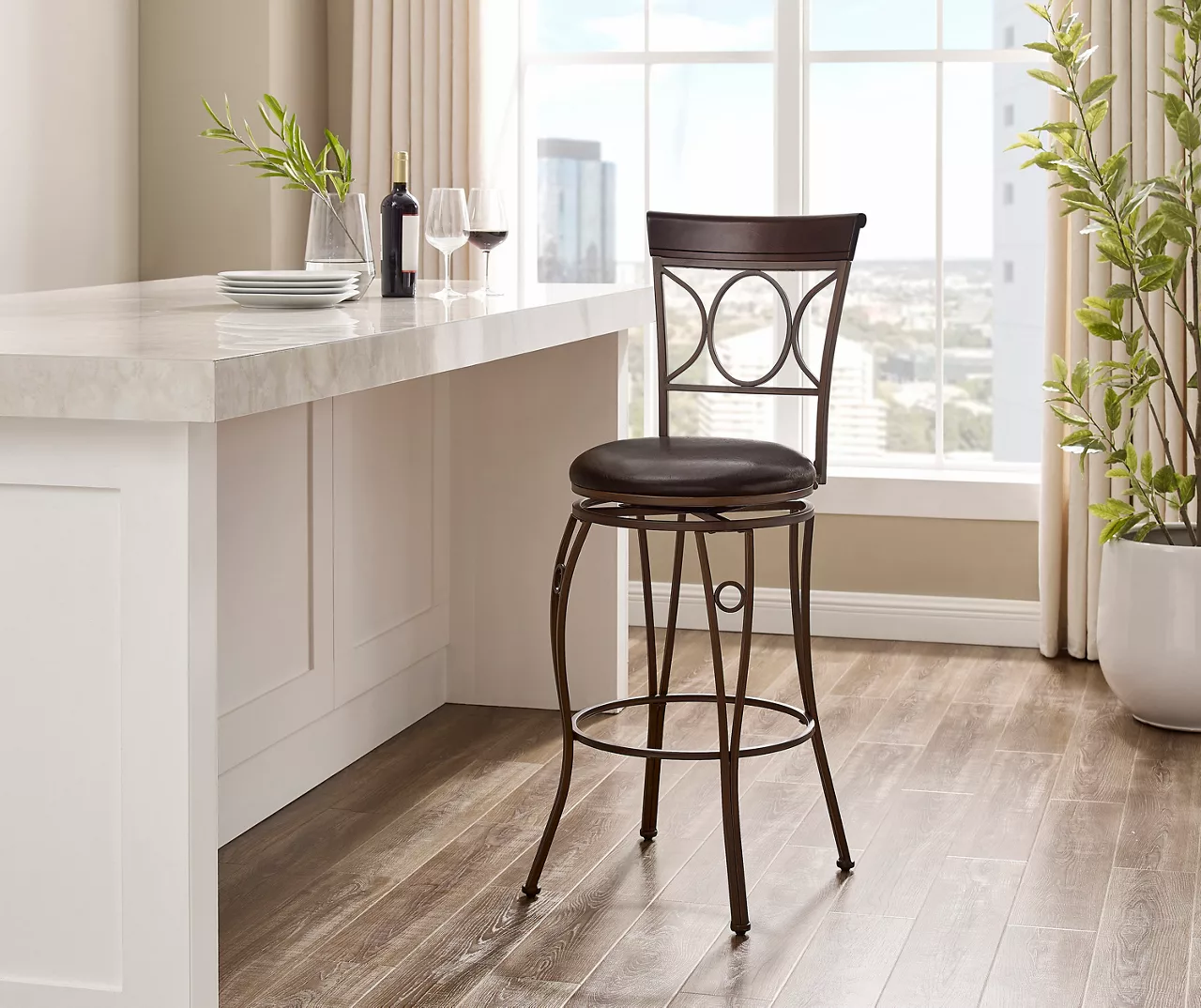 Memphis Black Metal & Brown Faux Leather Circle Back Bar Stool 4 Memphis Black Metal & Brown Faux Leather Circle Back Bar Stool - Image 2