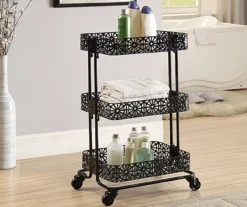 Mabry Black 3-Tier Pierced Floral Rolling Cart -Furniture Sale Shop 810543382 2
