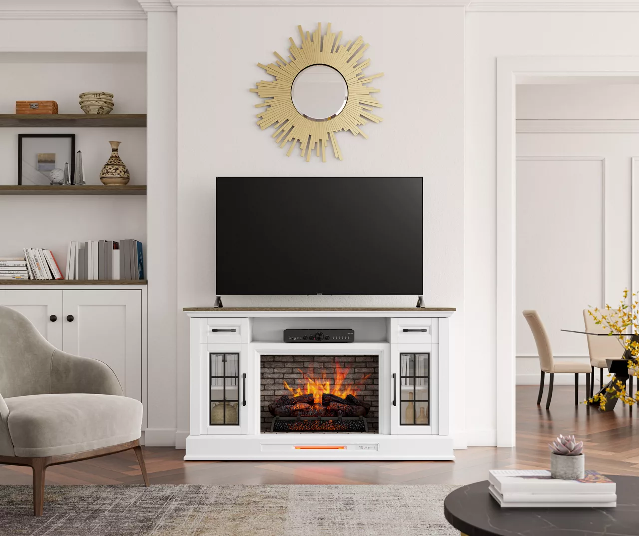 60" White 2-Door Electric Fireplace Console 5 60" White 2-Door Electric Fireplace Console - Image 3