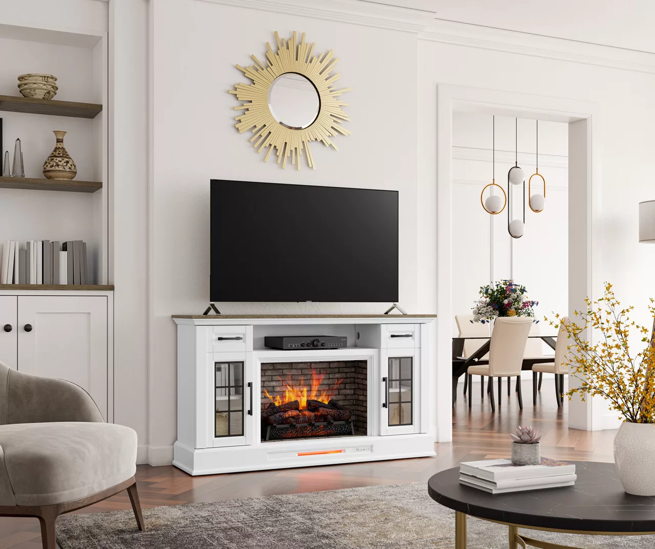 60" White 2-Door Electric Fireplace Console 6 60" White 2-Door Electric Fireplace Console - Image 4